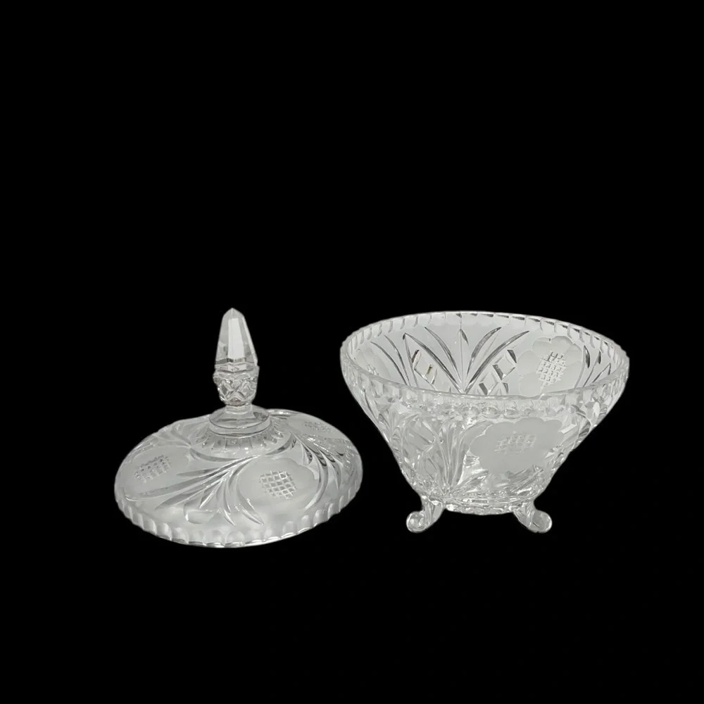 Vtg EAPG Footed Bowl & Lid Candy Dish Clear Glass Etched Flowers Leaves Design